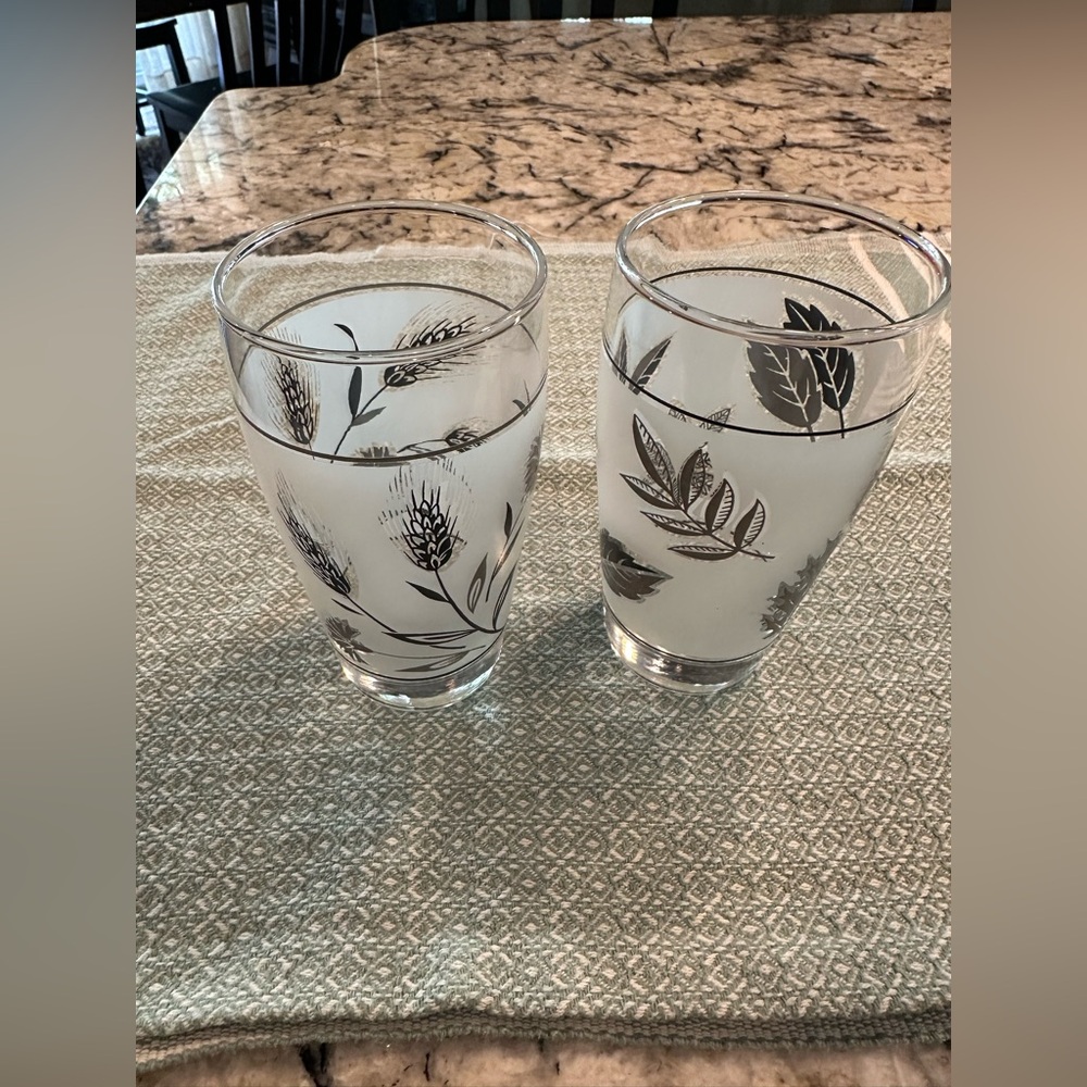 Two Vintage MCM Libbey Frosted Glasses: Silver Wheat & Thistle, and Silver Leaf